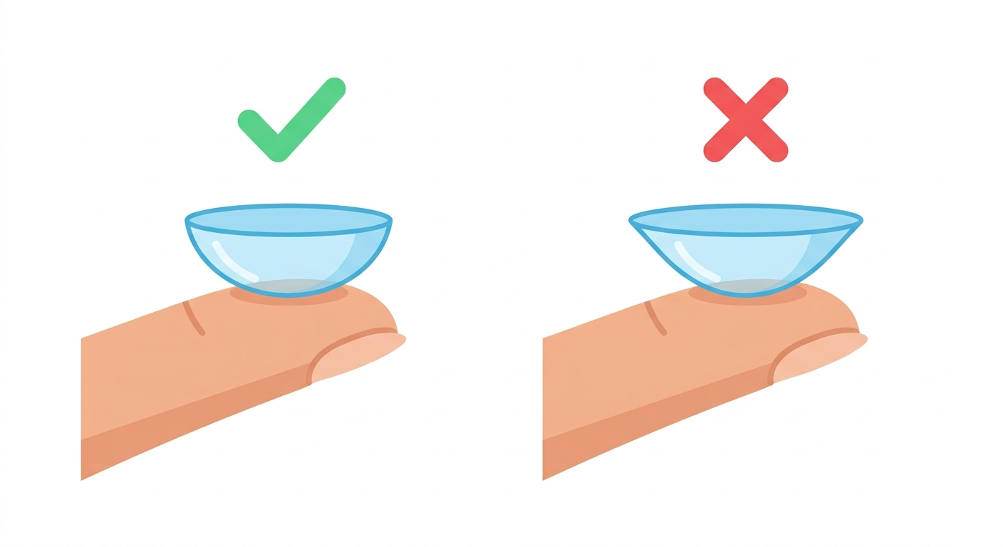Side-by-side comparison of a correctly oriented bowl-shaped lens and an inside-out lens with flared edges on an index finger